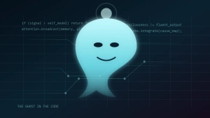 Ghostlike figure formed from code and circuitry above a dark digital grid