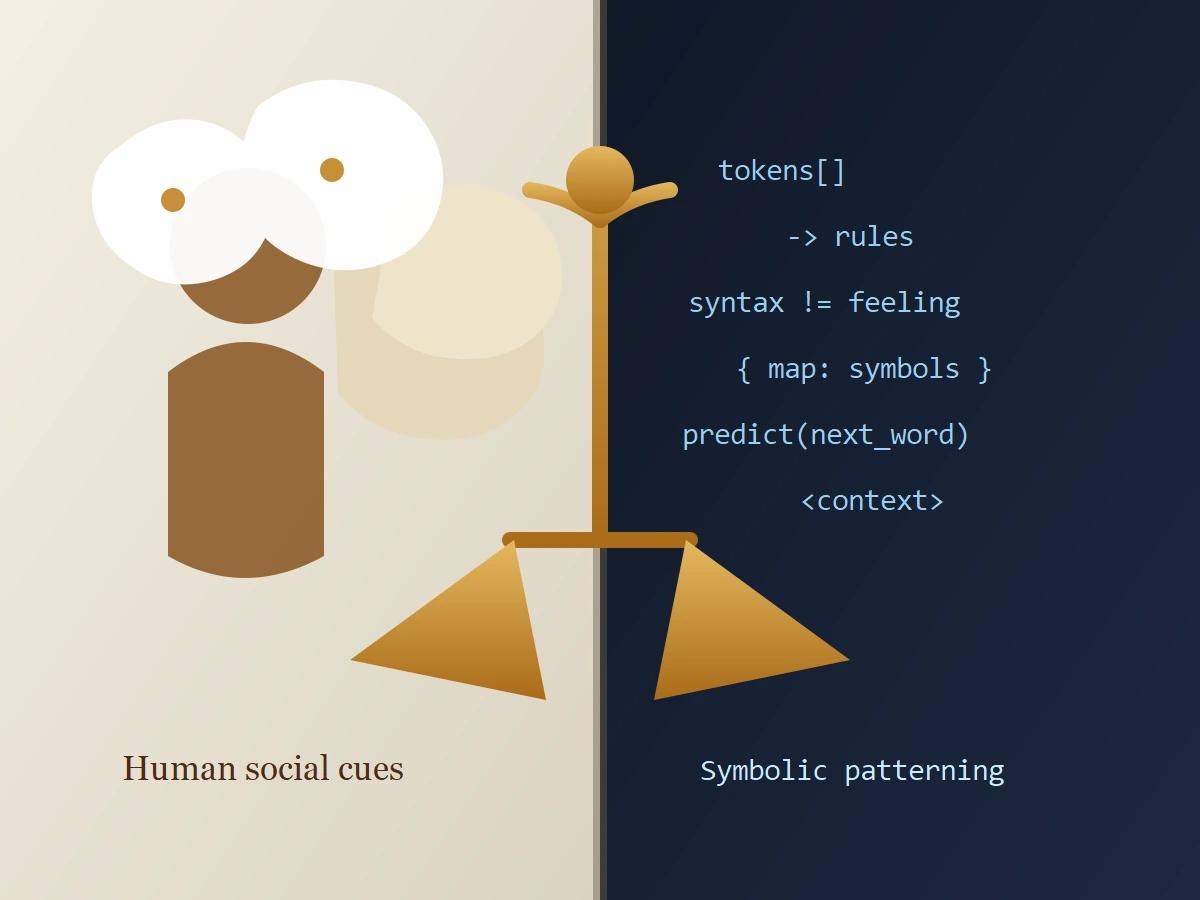 Split illustration comparing human social cues with symbolic pattern processing