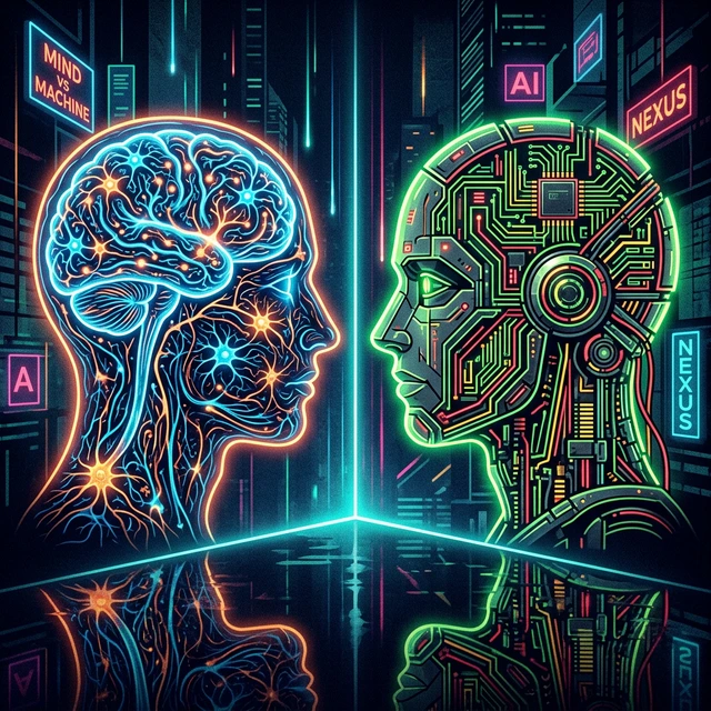 A human profile filled with biological neural networks facing a matching robotic profile filled with circuit board pathways.