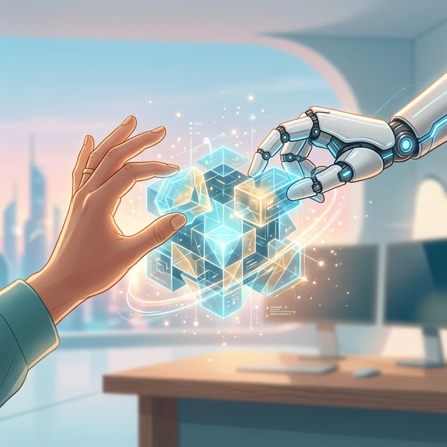 A human hand and a robotic hand working cooperatively to solve a holographic puzzle.