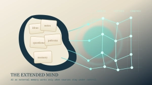 Human profile made of notes and circuit lines opening into an AI memory lattice
