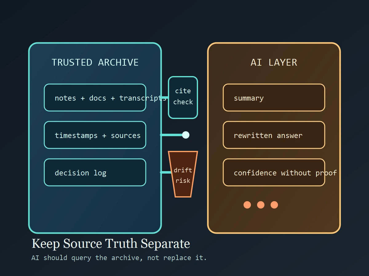 Two-lane diagram comparing a trusted archive with a conversational AI layer and warning markers for summary drift