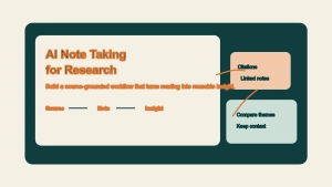 Editorial illustration of a research workflow with source documents, linked notes, citations, and AI-assisted synthesis.