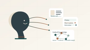 Editorial illustration of a neural signal flowing into a research workspace with notes, citations, and linked ideas.