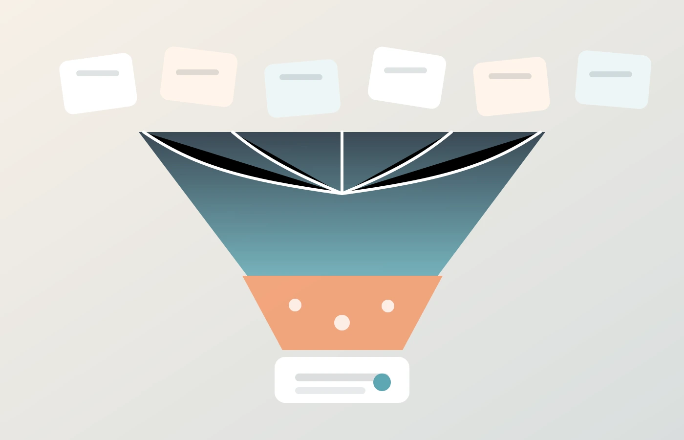 Idea funnel showing many AI-generated creative options narrowing into a smaller selected set, with repeated patterns to suggest sameness.