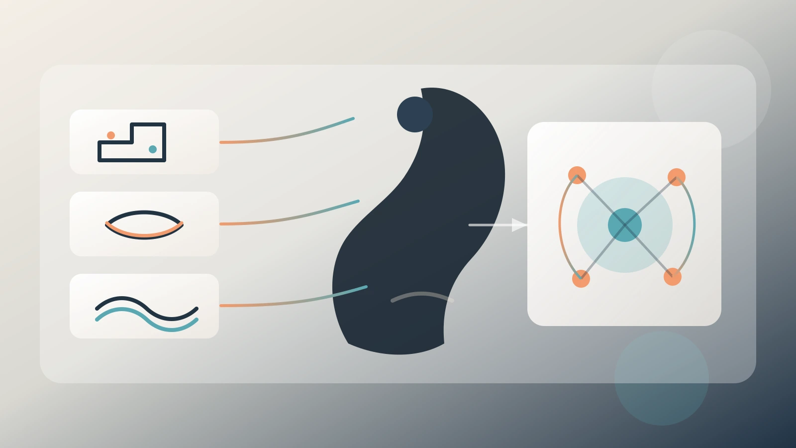Human silhouette between specialized AI task panels and one unified intelligence path, illustrating the concept of Artificial General Intelligence.