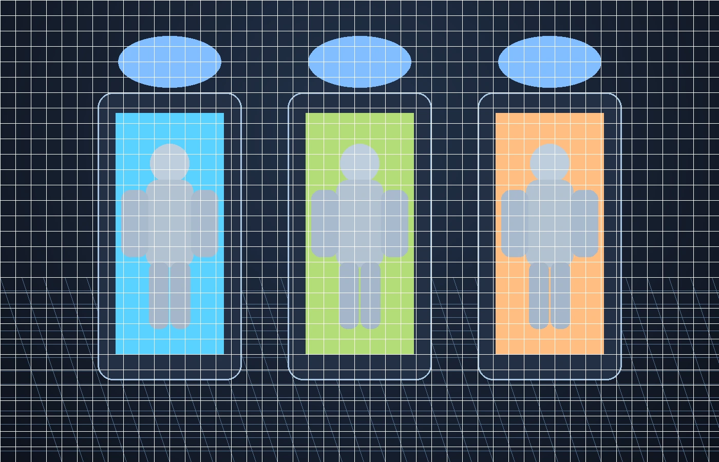 Three humanoid robot silhouettes in separate industrial bays representing different robotics development strategies.