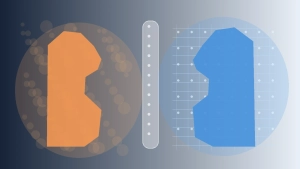 Conceptual split image showing a human face and an AI face separated by a boundary between felt empathy and simulated empathy.