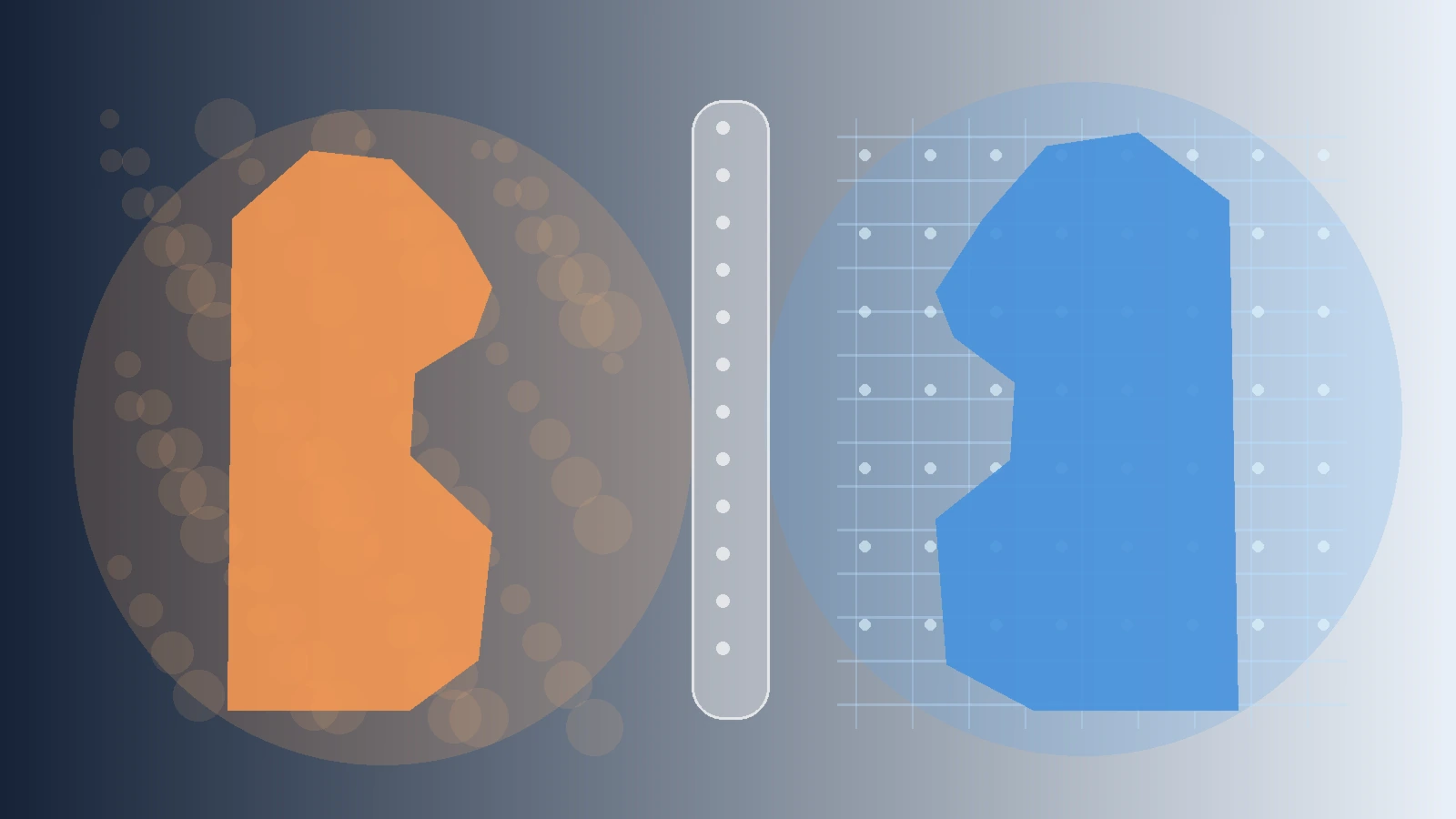 Conceptual split image showing a human face and an AI face separated by a boundary between felt empathy and simulated empathy.