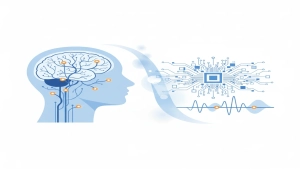 Illustration of a human brain profile with neural pathways connecting through a glowing interface to an AI signal processing system, representing neural decoding technology.
