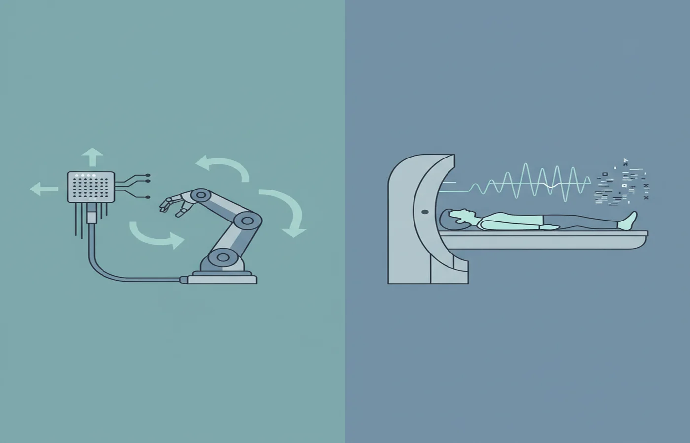 Two-panel comparison showing invasive BCI with robotic arm control on the left and non-invasive fMRI-based language decoding on the right.
