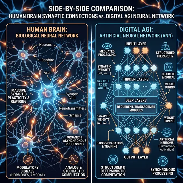 Side‑by‑side illustration of human synaptic connections vs. a digital AGI transformer block.