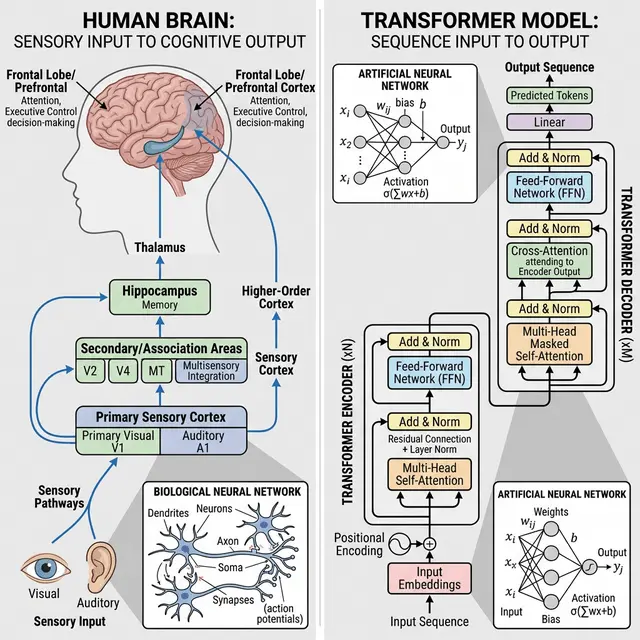 Diagram showing information flow in a human brain compared to a transformer model, with labeled layers and neurons.