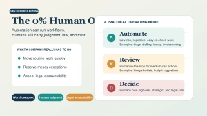Editorial infographic showing an empty office connected to an AI operations dashboard with three labeled layers: Automate, Review, and Decide, illustrating the limits of full office autonomy.