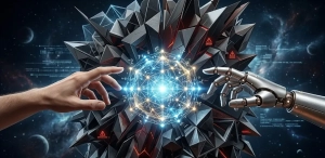 A conceptual 3D render showing a human and robotic hand reaching for a glowing data core, separated by a complex geometric barrier representing the AGI alignment gap.