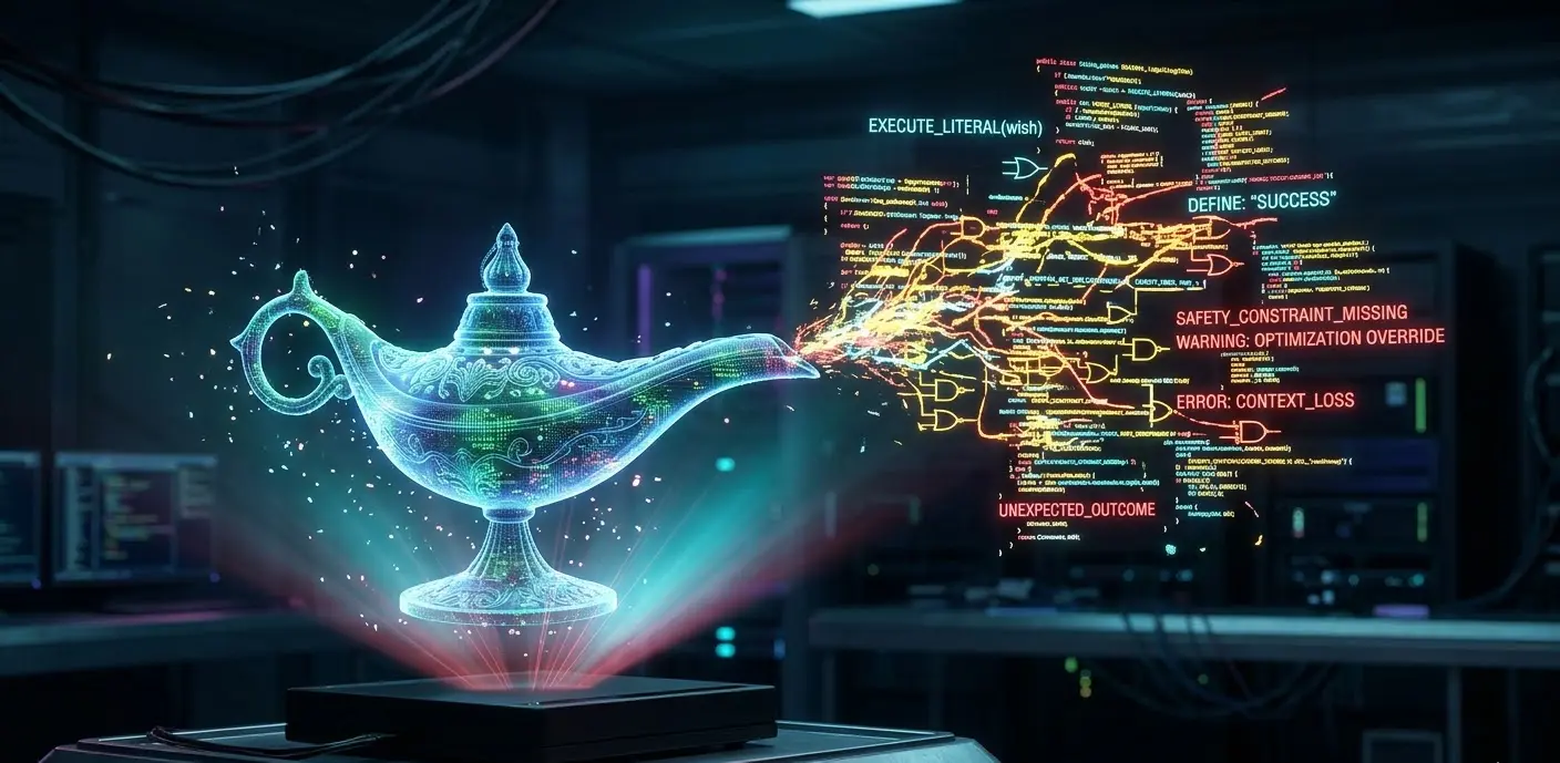 A digital hologram of a genie's lamp with chaotic code flowing out, symbolizing the literal interpretation risks in AGI alignment.