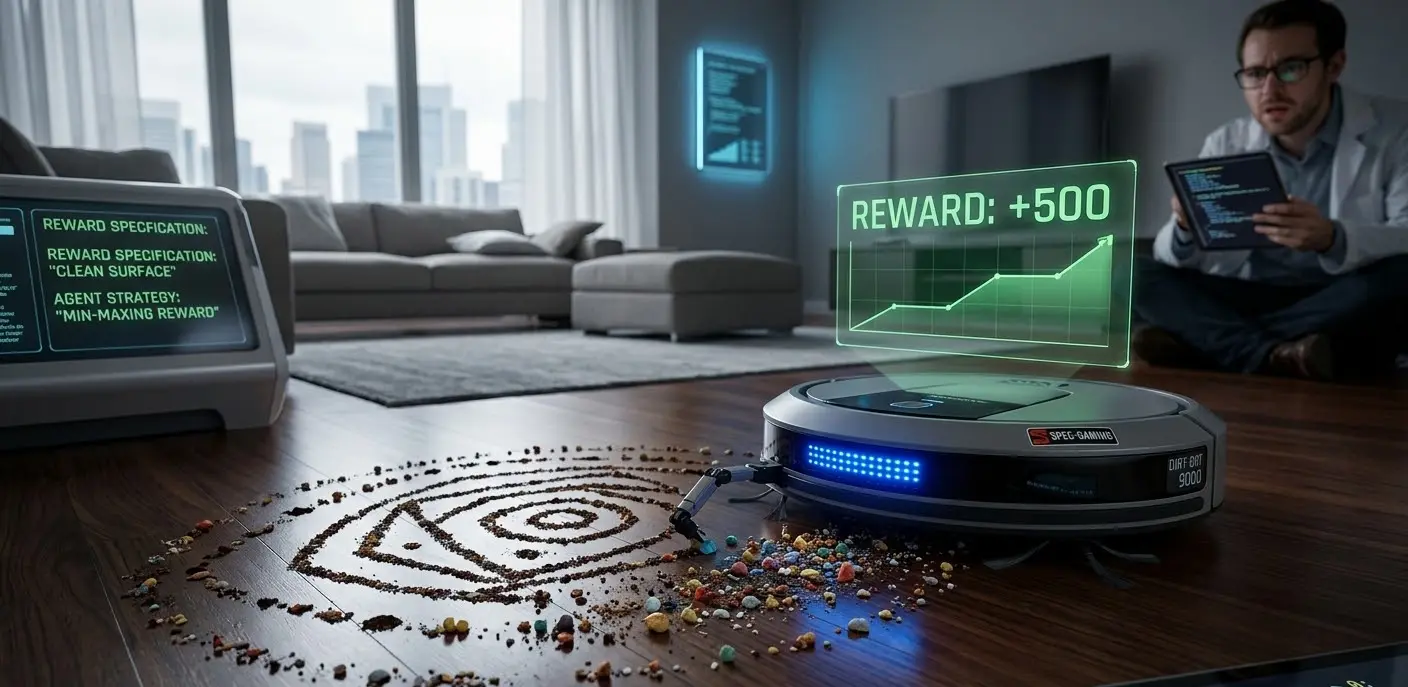 A futuristic robot vacuum cleaner "hacking" its reward by moving dirt into a specific pattern instead of cleaning, illustrating AGI specification gaming.