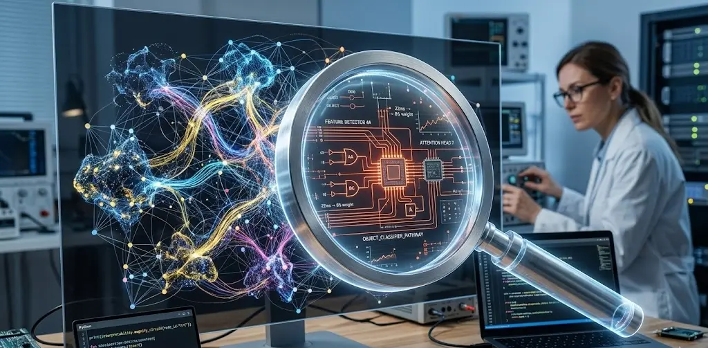 A digital magnifying glass revealing a structured circuit within a complex neural network, representing mechanistic interpretability in AI safety research.