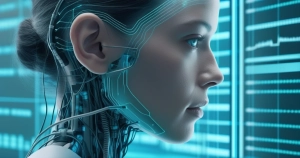 Human profile connected to an AI neural interface panel, illustrating how brain-computer interfaces translate neural signals into machine output.