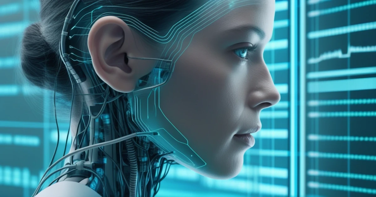 Human profile connected to an AI neural interface panel, illustrating how brain-computer interfaces translate neural signals into machine output.