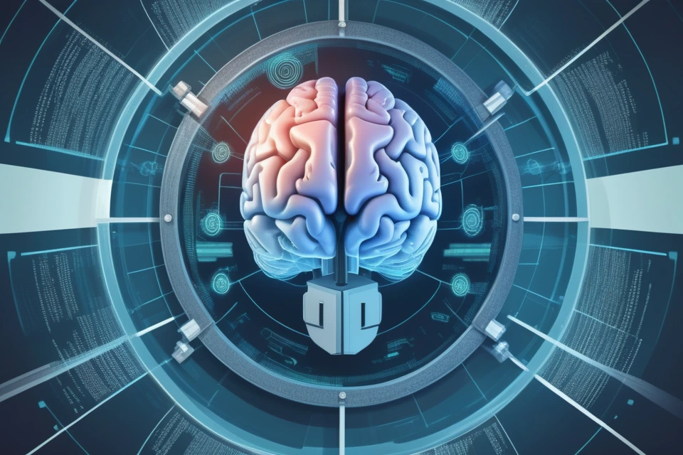 Brain-data stream protected by a digital lock, representing privacy and governance requirements for neurotechnology.