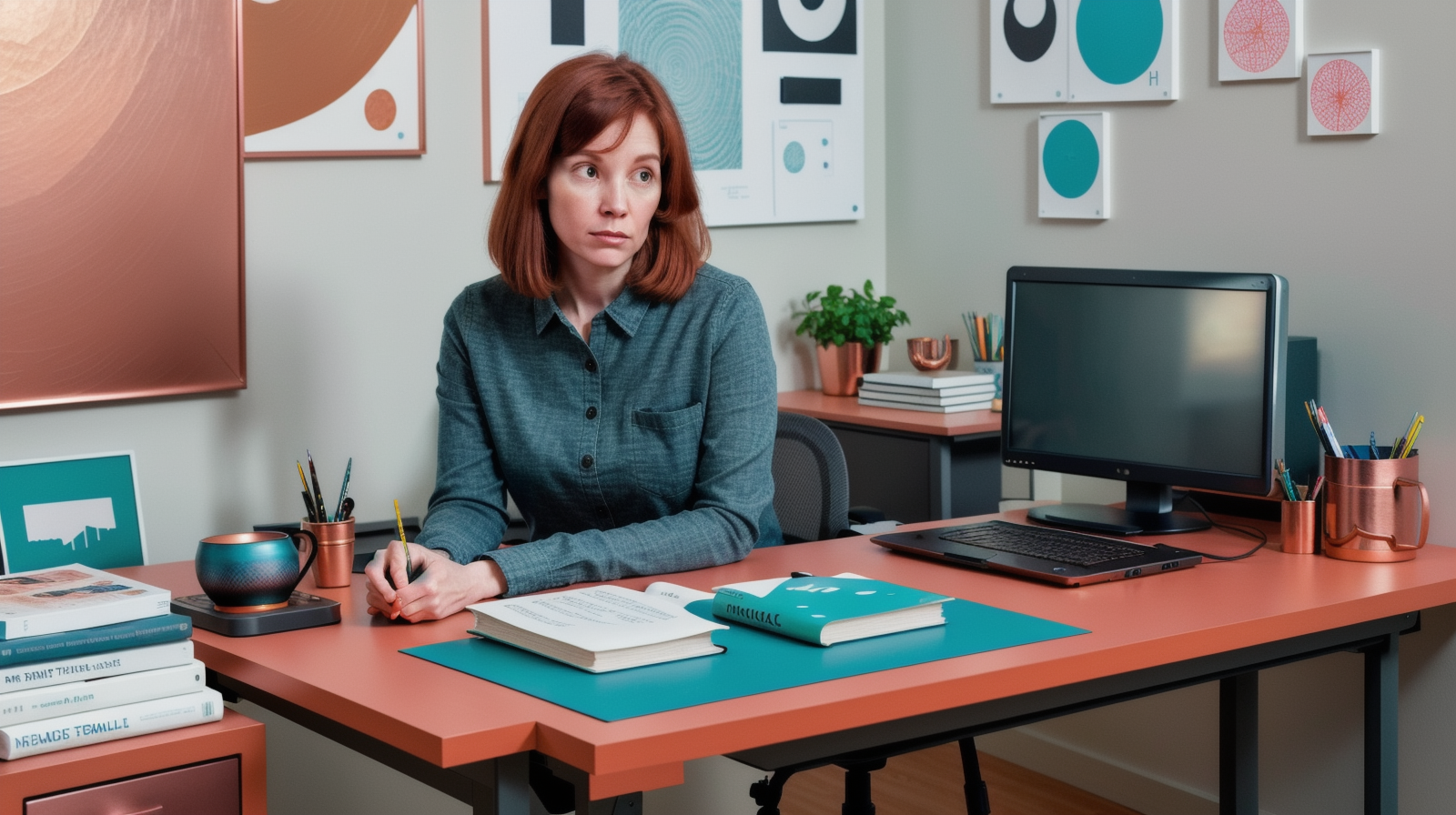 Researcher seated at a desk in a teal-and-copper workspace representing hybrid human and AI thinking