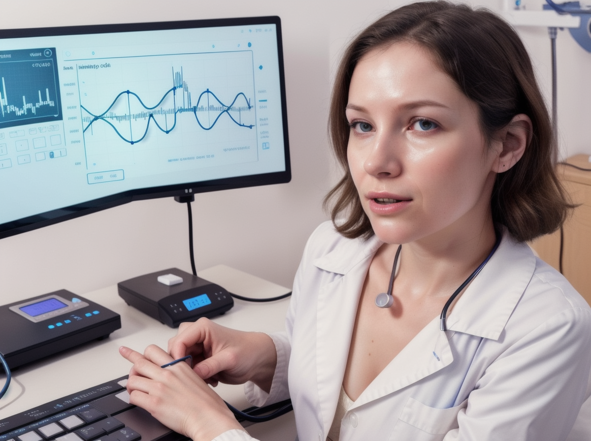Clinician seated beside a monitor with neural signal waveforms in a brain-computer interface lab