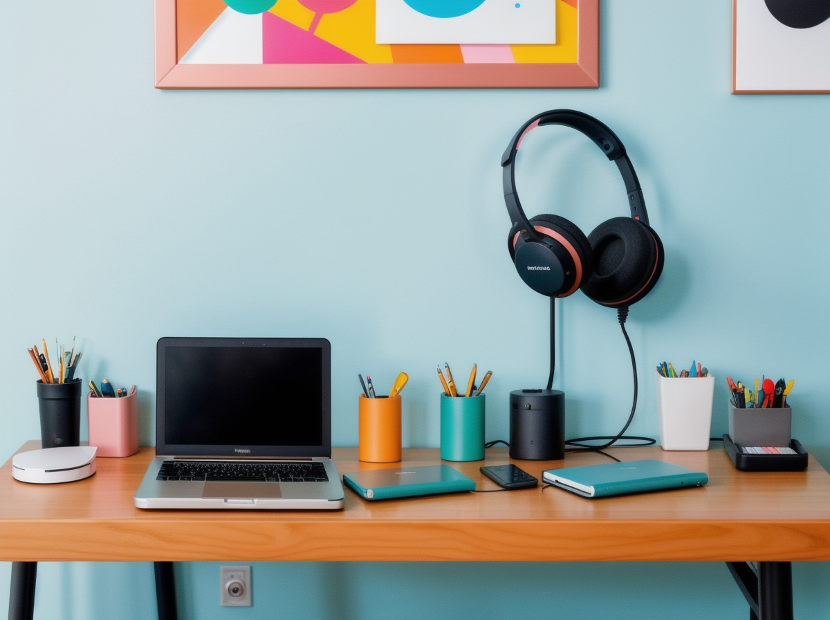 Consumer technology desk with a laptop, headphones, notebooks, and compact devices suggesting everyday neurotech