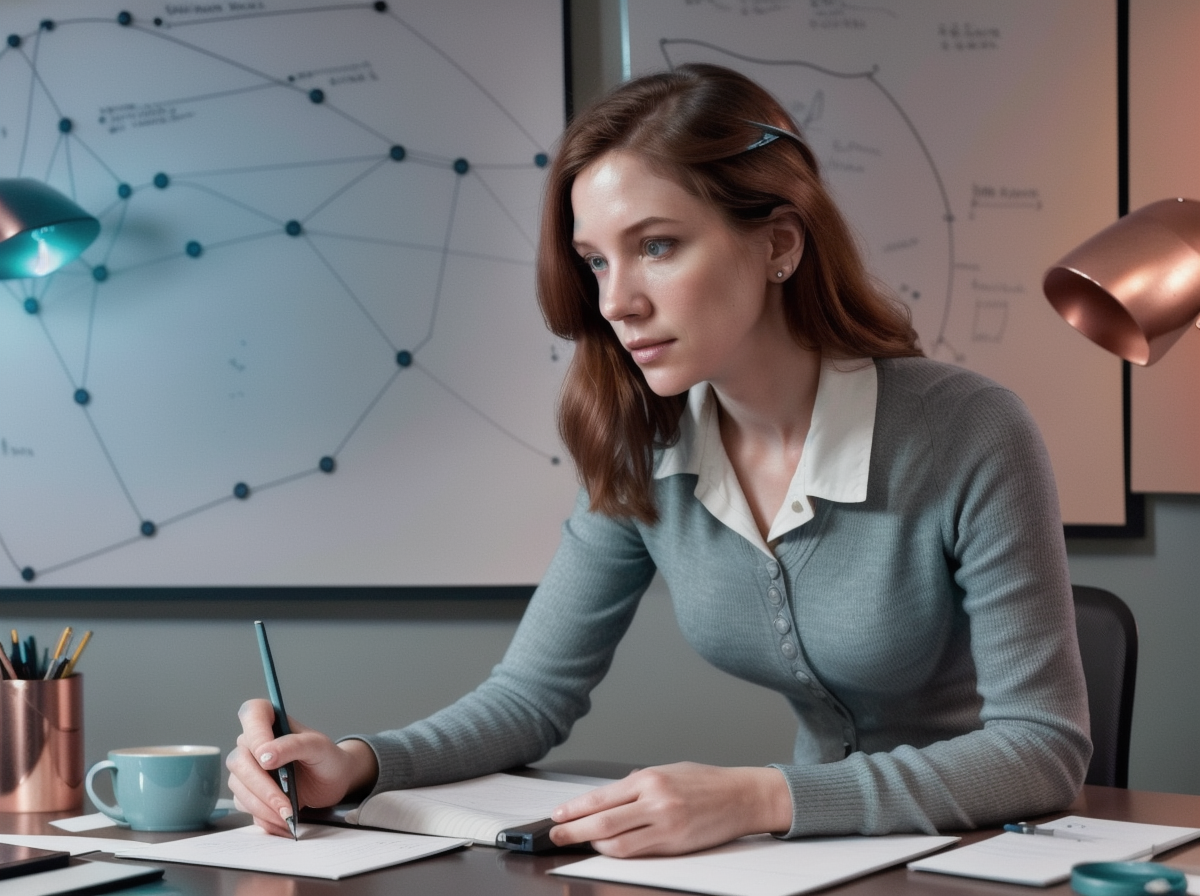 Researcher writing at a desk with network diagrams behind her, representing hybrid human and AI work