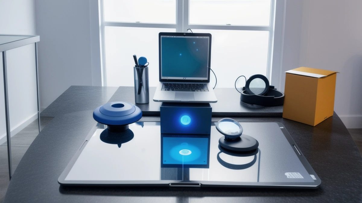 Editorial still life of work tools arranged around a glowing central device to suggest many kinds of work around an AI threshold
