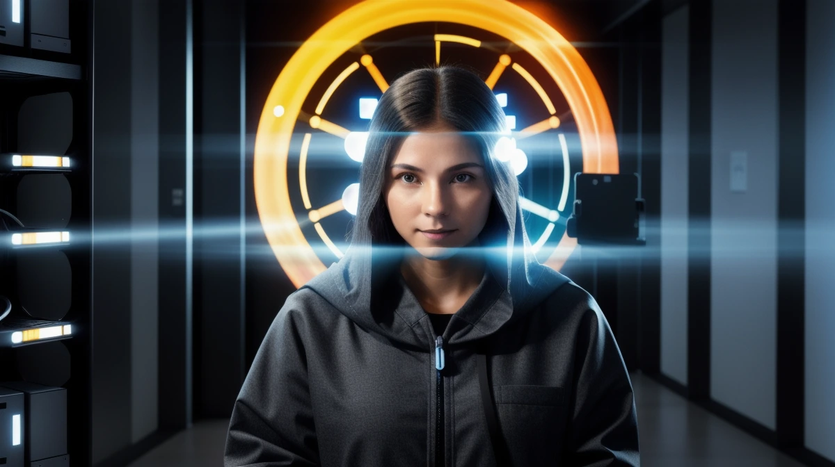 Portrait-style editorial illustration of a person framed by a glowing circular interface with servers and branching lights