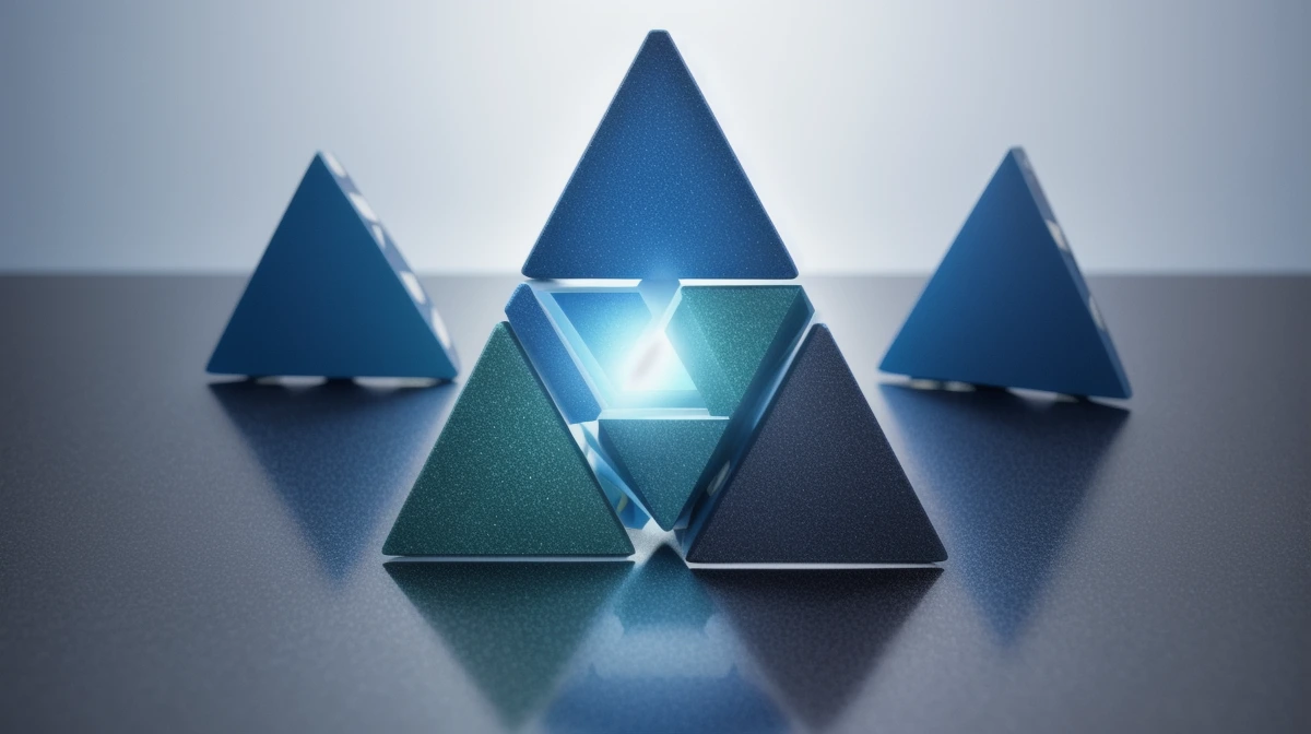 Geometric triangle composition around a bright core symbolizing mission, money, and compute