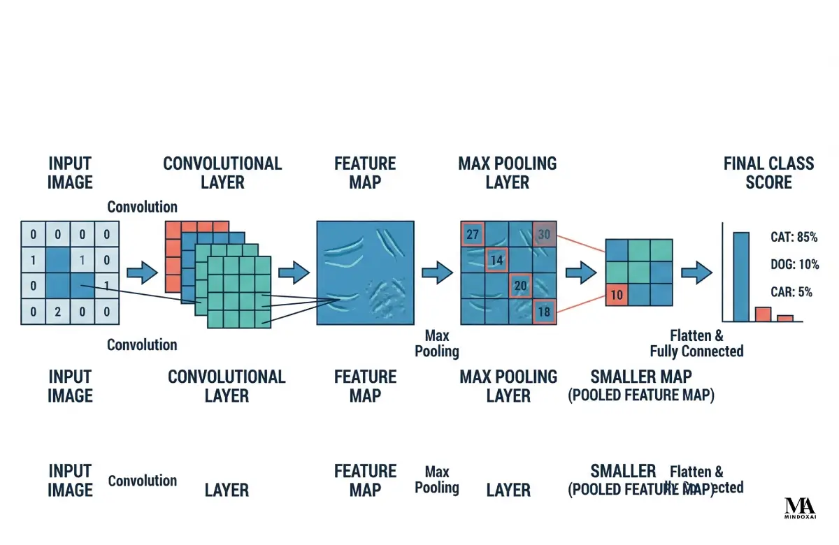 Step-by-step CNN pipeline showing image input, convolution, feature map, max pooling, and final classification.