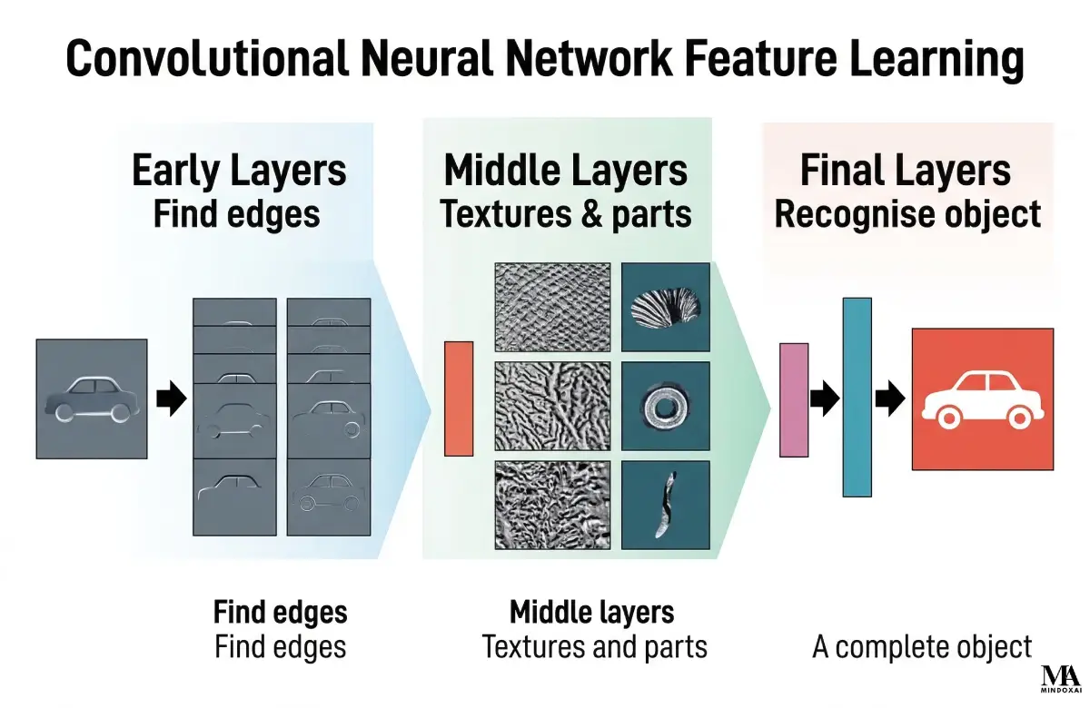 Hierarchy diagram showing a CNN learning edges, textures, parts, and then a full object category.