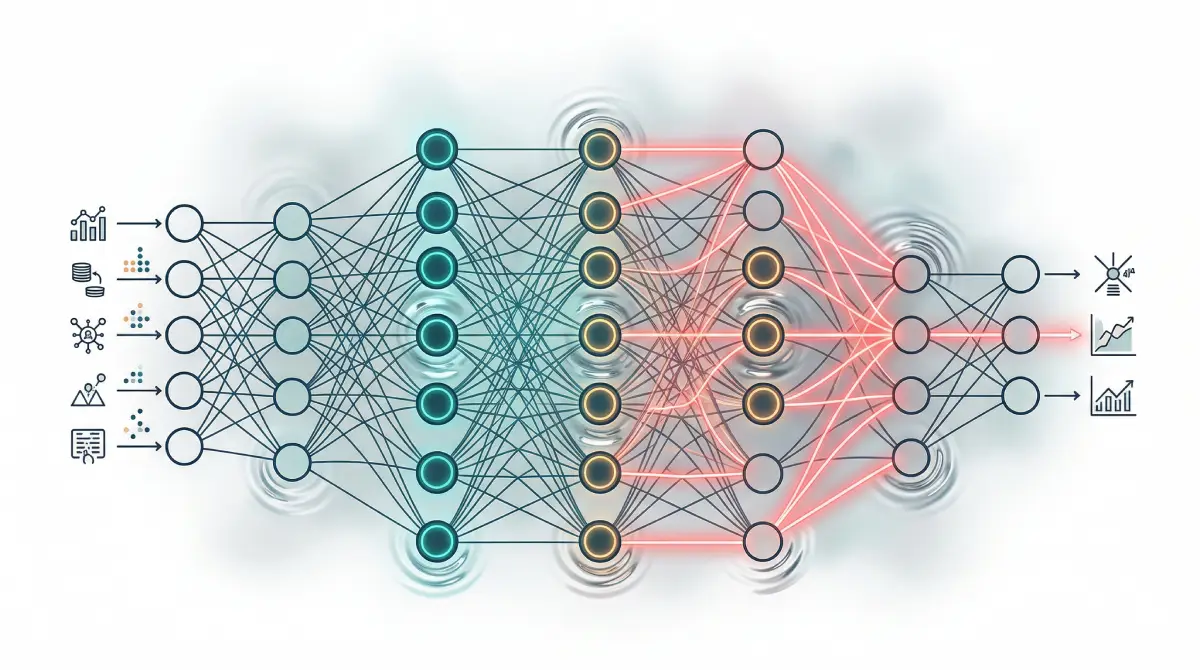 Editorial illustration of an artificial neural network transforming input data through connected hidden layers into a final prediction.