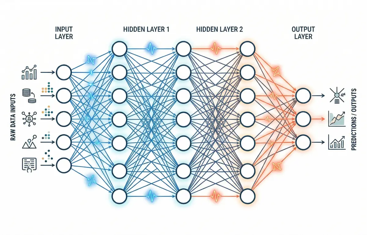 Diagram-style illustration of a feedforward artificial neural network with input, hidden, and output layers connected by weighted links.