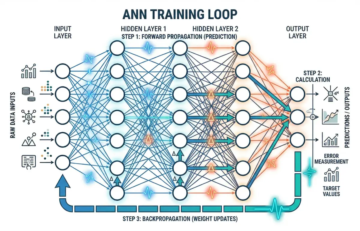 Illustration of an ANN training loop showing input data, prediction, error measurement, and backpropagation-based weight updates.
