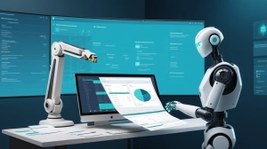 Editorial illustration comparing a task-specific AI system with a broader AGI concept in a business setting