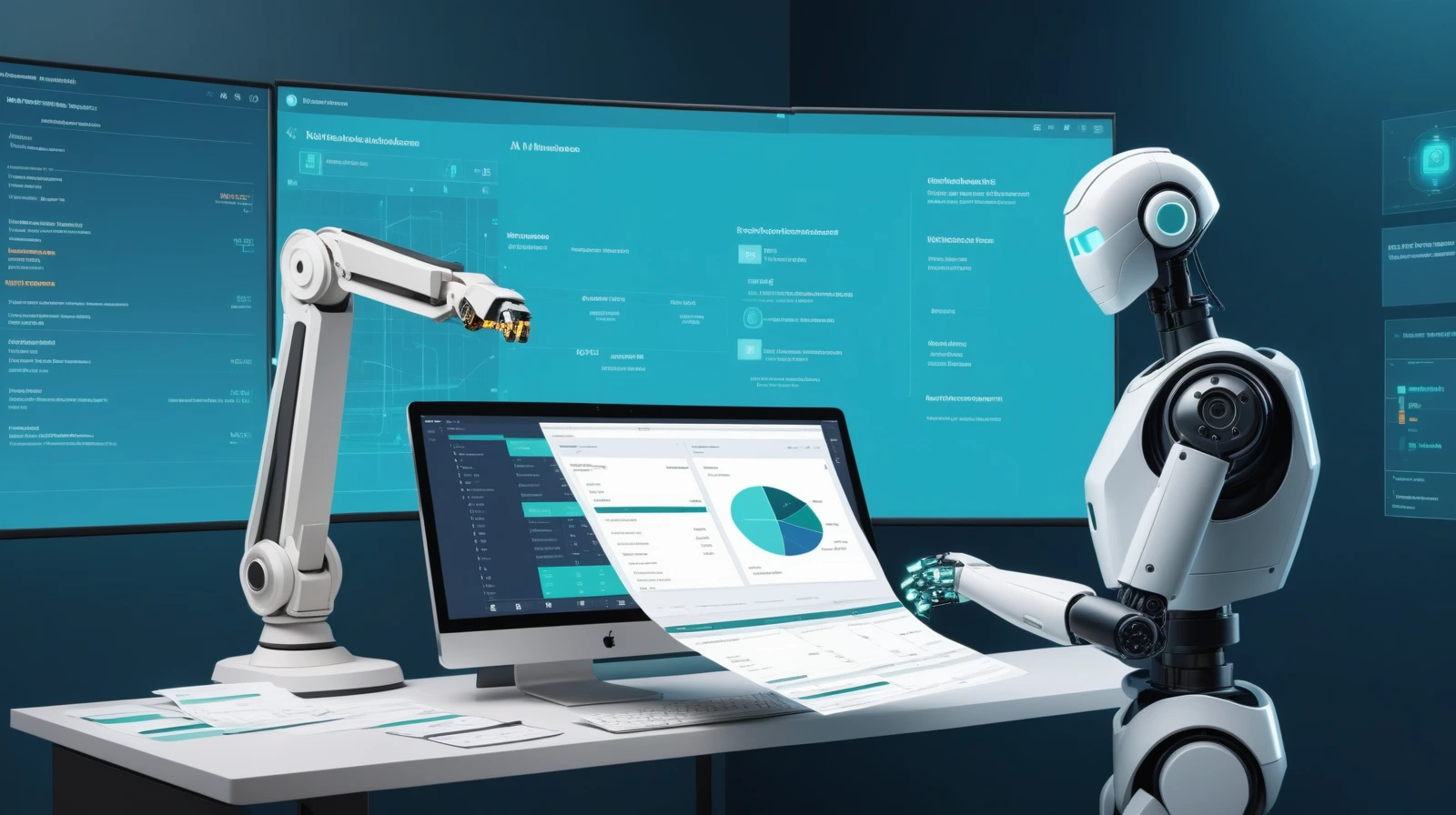 Editorial illustration comparing a task-specific AI system with a broader AGI concept in a business setting