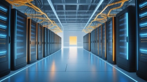 Futuristic datacenter corridor lit in blue and amber, ending at a bright horizon-like doorway.