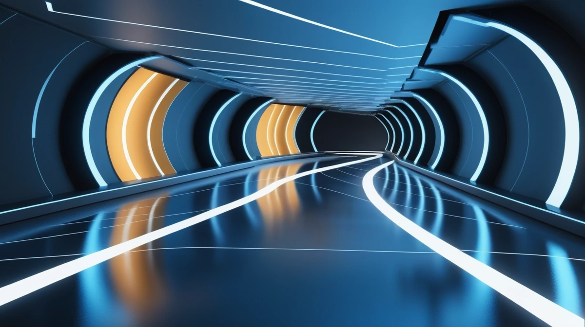 Curved blue-and-amber corridor with multiple illuminated lanes bending toward the distance.