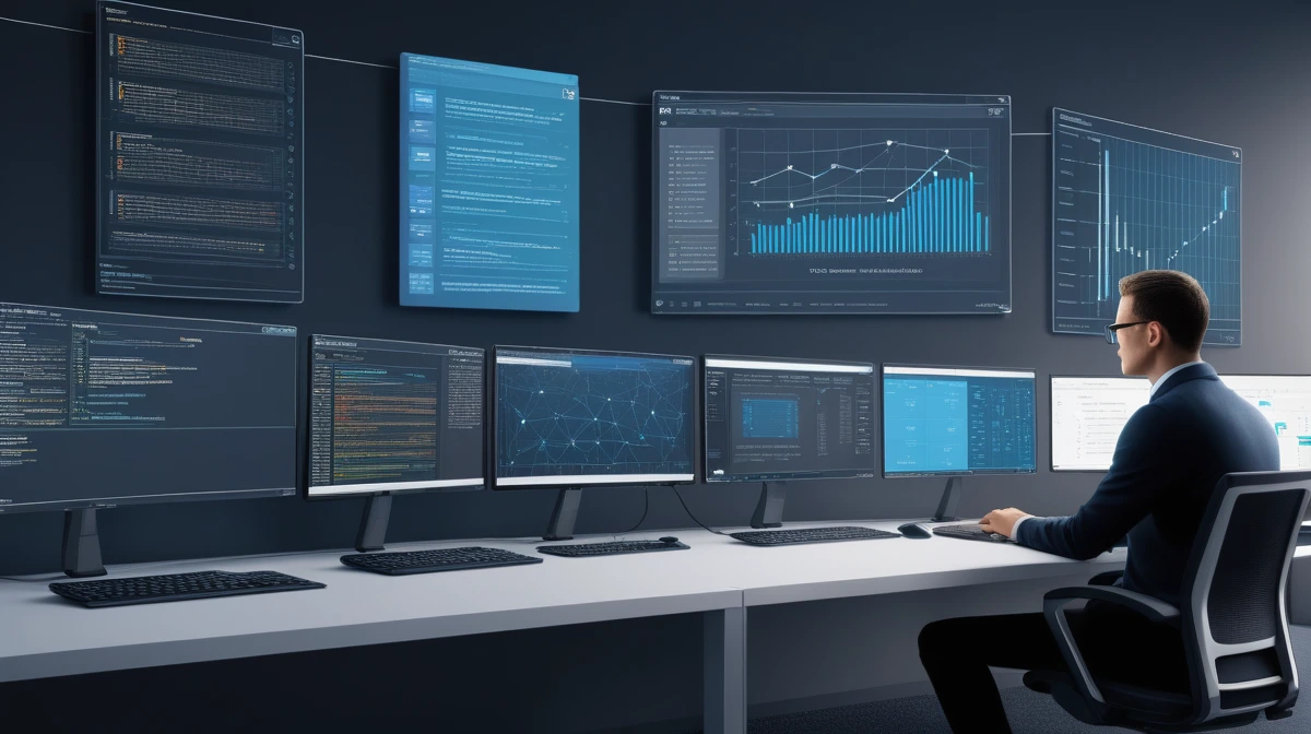 Analyst seated at a workstation surrounded by code panels, dashboards, and linked data displays.