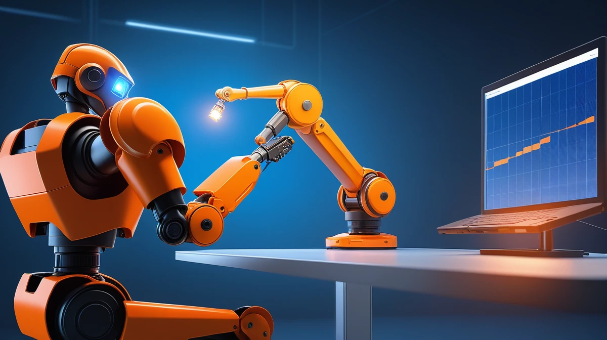 Orange humanoid robot and robotic arm beside a chart screen in a blue industrial lab setting.