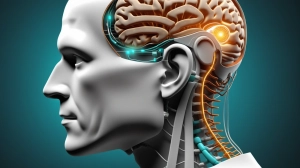 Illustrated side profile with neural signal lines connecting a brain implant concept to speech, cursor, and rehabilitation interfaces.