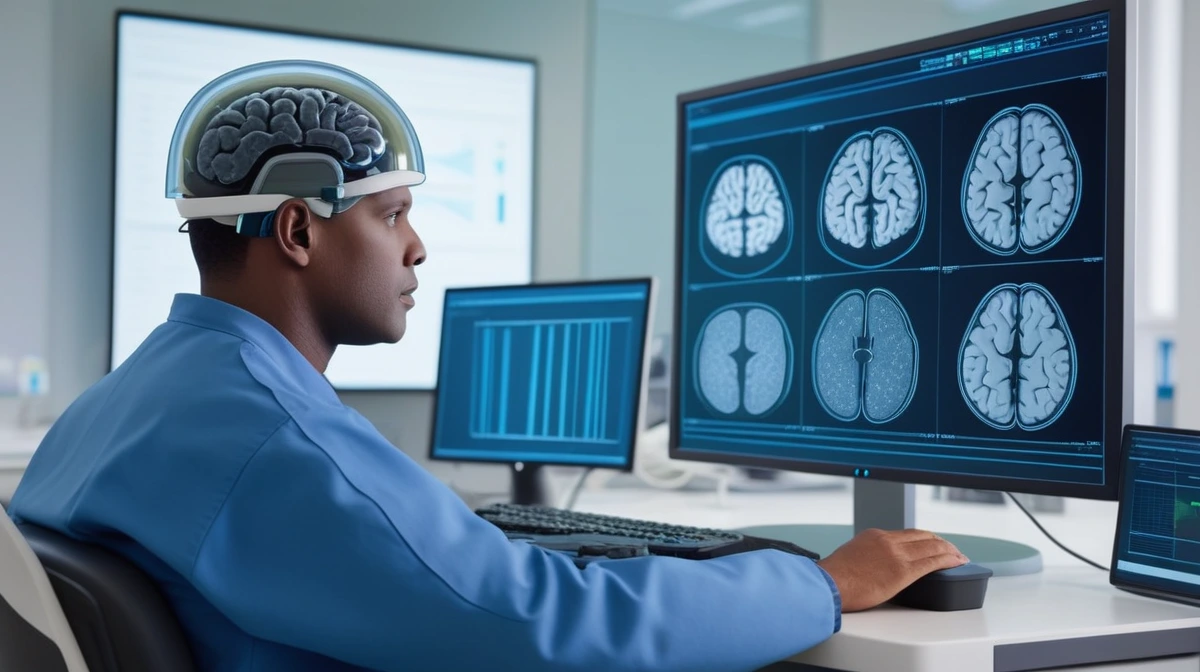 Clinical research scene with a user operating a screen through a neural interface while safety and privacy symbols appear in the background.
