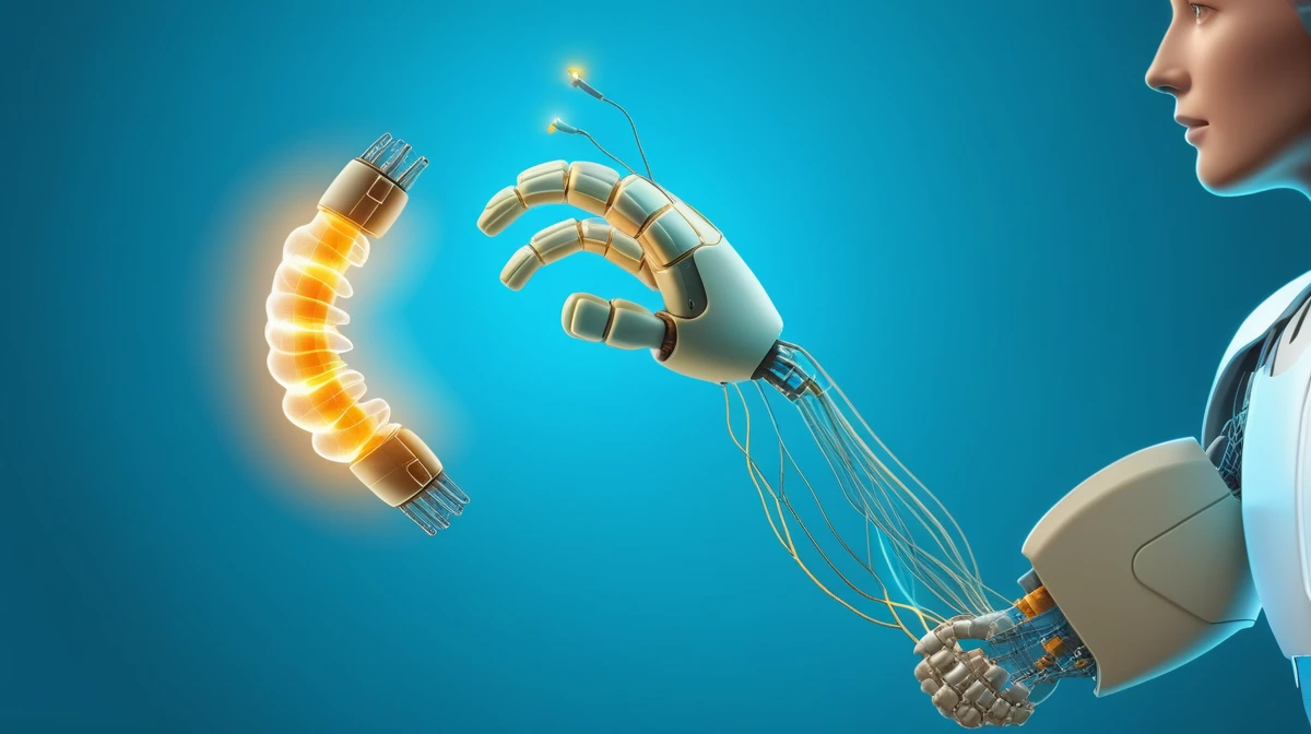 Illustrated robotic hand and neural interface hardware beside a human profile against a blue background.