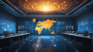 World map over a modern government chamber with AI circuitry and legal documents, representing global regulation of advanced AI.