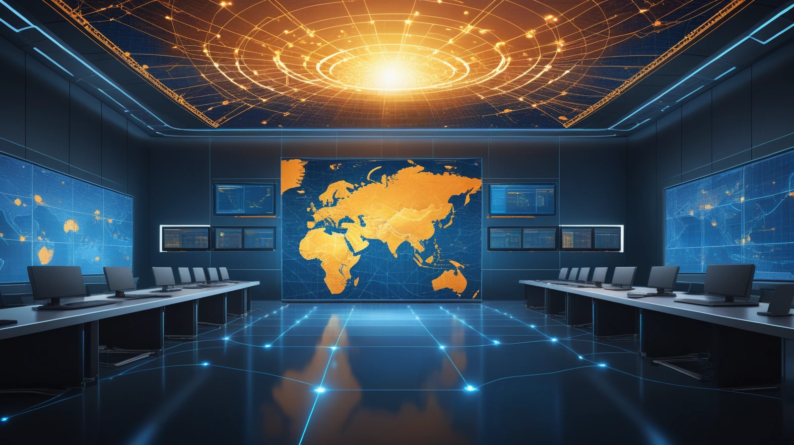 World map over a modern government chamber with AI circuitry and legal documents, representing global regulation of advanced AI.