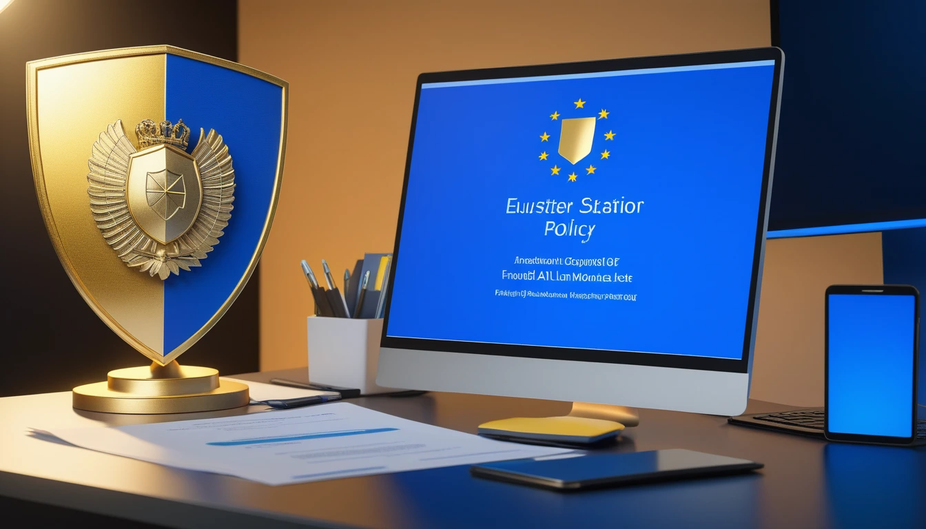 Legal documents beside a compute cluster and shield icon, illustrating systemic-risk rules for frontier AI models.