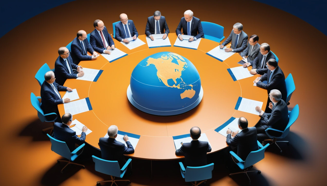 Diplomats and technical experts around an international table with treaty papers and a glowing globe for AI governance.